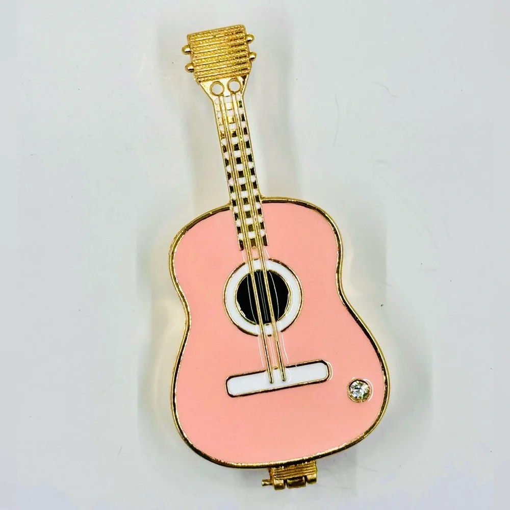Pink Enamel & Gold Tone Guitar Trinket Box 4” X 2” Excellent Condition